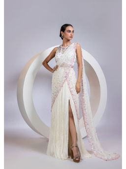 SMRITI - Off white Embellished Auragem Saree and Stitched Blouse with Stitched