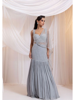 SMRITI - grey Embellished Silvertide Saree and Stitched Blouse with Stitched