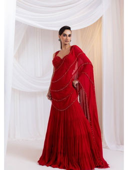 SMRITI - Red Scarlet Icon Drapped Saree and Stitched Blouse with Stitched