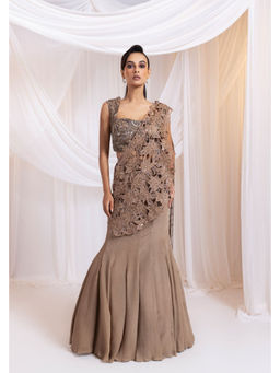 SMRITI - Brown Gilded Tide Draped Saree and Stitched Blouse with Stitched