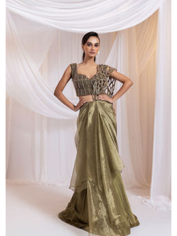 SMRITI - Olive Martini Gleam Drapped Saree and Stitched Blouse with Stitched