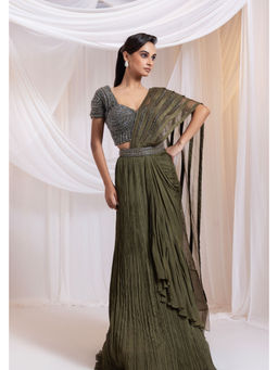 SMRITI - Olive Embellished Petalshade Saree and Stitched Blouse Set with Stitched