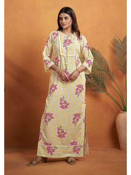 AFFROZ - Pure Cotton Yellow Printed Kaftan Dress