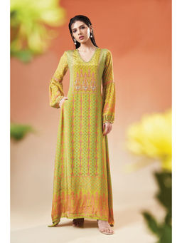 THREE-THREE - Green Crepe Embroidered A-Line Maxi Gown