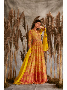 THREE-THREE - Yellow Raw Silk Embroidered A-Line Maxi Gown With Dupatta
