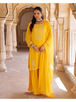 Bannhi by Priyanka Rathore - Yellow Embellished/Sequined Silk Kurta With Sharara and Dupatta