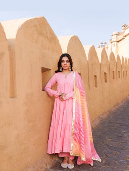 Bannhi by Priyanka Rathore - Pink Lace Work Pure Cotton Anarkali Kurta With Pant and Dupatta