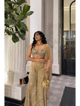 Twenty Nine - Women's Peach Mirror Work Bralette With Sharara and Dupatta