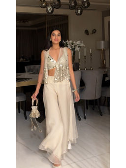 Twenty Nine - Ivory Mirror Work Bhavdeep Kaur Asymetrical Jacket & Bralette with Pant