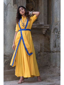 The Home Affair - Yellow Cotton Plain A-Line Maxi Dress With Dupatta And Belt
