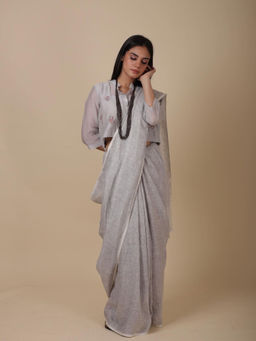 Rhua India - Mira Handwoven Linen Saree With Stitched Blouse And Petticoat with Stitched