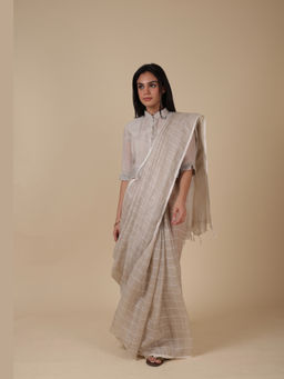 Rhua India - Niyati Handwoven Linen Saree With Stitched Blouse And Petticoat with Stitched