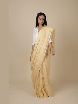 Rhua India - Pia Handwoven Linen Saree With Stitched Blouse And Petticoat with Stitched