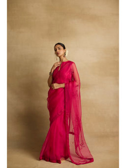 Rhua India - Pink Saree With Stitched Blouse And Petticoat And Petticoat with Stitched