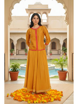 LABEL MAE - Yellow Silk Thread Work Flared Maxi Kurta With Skirt