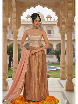 LABEL MAE - Beige Silk Embroidered Corset Maxi Top With Skirt And Dupatta