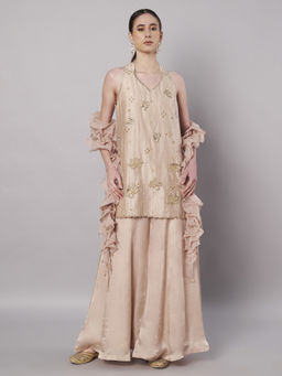 DOUX AMOUR - Florale Nude Embroidered Halter Neck Kurta and Palazzo With Dupatta