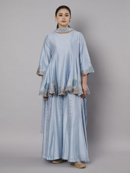 DOUX AMOUR - Meadow Blue Short Kali Embroidered Kurta and Palazzo With Dupatta