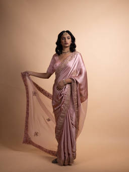 Rhua India - Saachi Pure Satin Saree With Stitched Blouse And Petticoat with Stitched