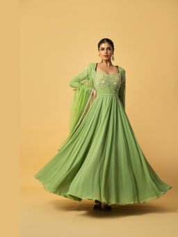 Quench A Thirst - Green Georgette Embroidered Anarkali Dress With Dupatta