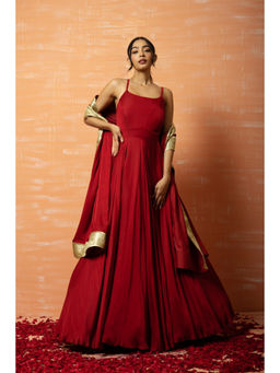 Quench A Thirst - Red Silk Zari Anarkali Maxi Dress With Dupatta