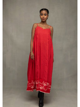 Sutra Art of Clothing - Red Pure Cotton Woven A-Line Maxi Dress