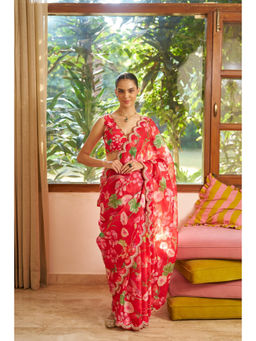SURABHI ARYA - Red Floral Embellished Saree With Stiched Blouse with Stitched