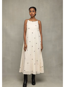 Sutra Art of Clothing - White Pure Cotton Printed A-Line Midi Dress