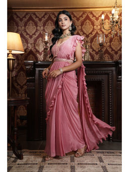 SURABHI ARYA - Pink Embroidered Pre-draped Saree With Stiched Blouse with Stitched