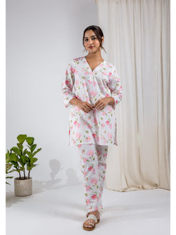 Studio Rabha - Women White Cherry Blossom Kurta With Pant