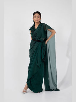 SMRITI - Green Emerald 3d Floral Stitched Blouse and Drape Saree Set with Stitched