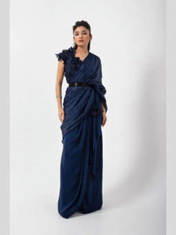 SMRITI - Navy Blue Embellished Sapphire 3d Floral Stitched Blouse and Drape Saree with Stitched