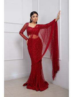 SMRITI - Ruby Red Embellished Drape Saree and Stitched Blouse Set with Stitched