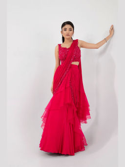 SMRITI - Fuchsia Aura Drape Saree and Stitched Blouse Set with Stitched