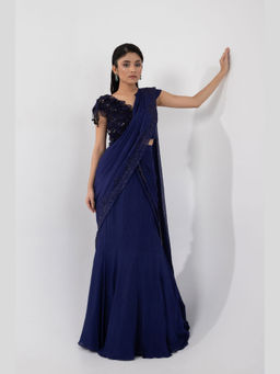 SMRITI - Ultraviolet Blue Embellished Drape Saree and Stitched Blouse Set with Stitched