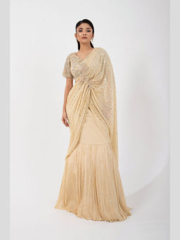 SMRITI - Gold Goddess Drape Saree and Stitched Blouse Set with Stitched