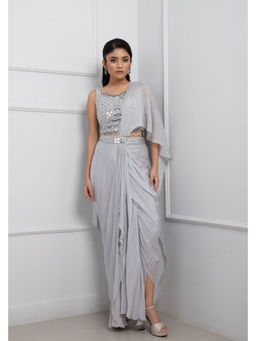 SMRITI - Grey Embellished Aurora Drape Saree and Stitched Blouse Set with Stitched