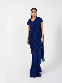 SMRITI - Eden Blue Embellished Drape Saree and Stitched Blouse Set with Stitched