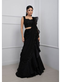 SMRITI - Black Embellished Drape Saree and Stitched Blouse Set with Stitched