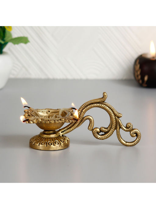 eCraftIndia Ethnic Carved Brass Diya With 4 Wicks For Pooja Room And Temple