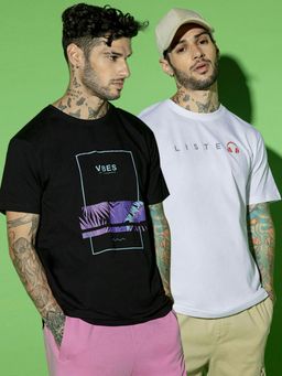Bewakoof - Men's Pack of 2 Men's Black & White Graphic Printed T-shirts