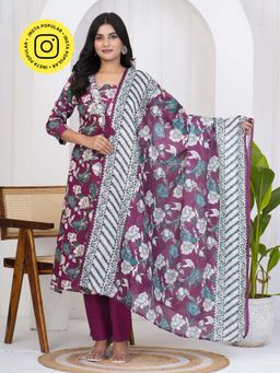 ART AVENUE - Floral Printed Purple Kurta with Pant and Dupatta