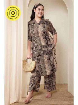Isadora Life - Women Plus Size Brown Black Printed Cotton Kurta Co-Ord Set