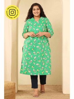Isadora Life - Plus Size Green Floral Print Cotton V Neck Kurta Tunic