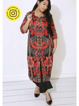Isadora Life - Plus Size Black Tropical Print Kurta and Shrug Covertible In Blended Knit Fabric