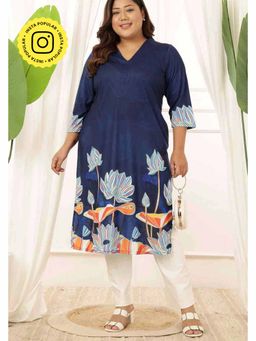 Isadora Life - Plus Size Blue Floral V Neck In Soft Knitted Fabric Kurta