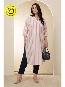 Isadora Life - Plus Size White Pink Striped Cotton V Neck In Cotton Kurta