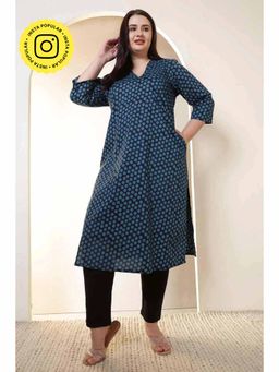 Isadora Life - Plus Size Navy and Teal Polka Print V Neck Cotton Kurta