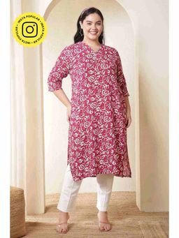 Isadora Life - Plus Size Pink Batik Print Cotton V Neck Kurta