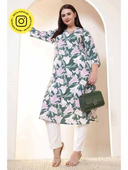 Isadora Life - Plus Size Green and Pink Flower Print V Neck Rayon Kurta
